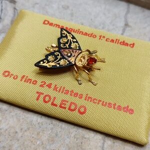 Vintage Toledo Damascene Bee Butterfly Moth Brooch 24k gold plated black Enamel